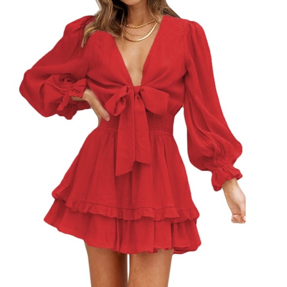Dresses & Skirts - Red sheer dress with knit with long sleeves smd front tie